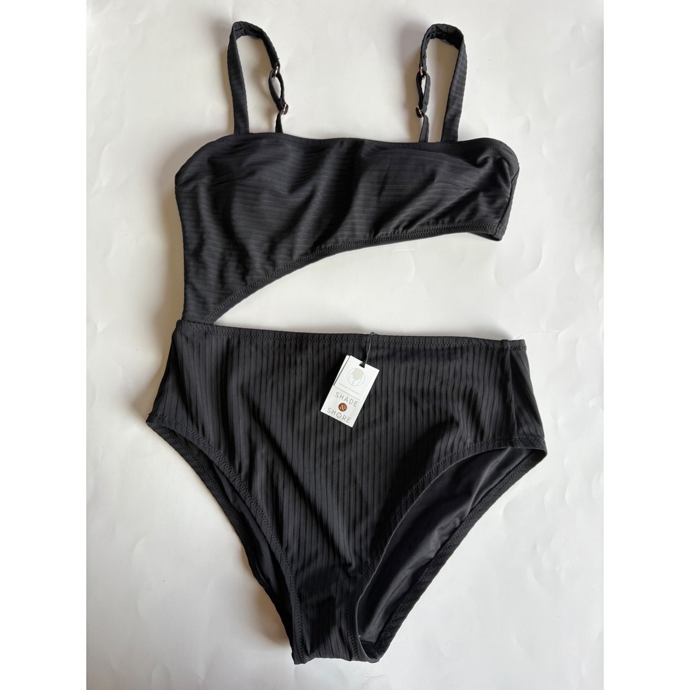 Shade & Shore Black Ribbed Asymmetrical Cutout One Piece Swimsuit Size L NWT